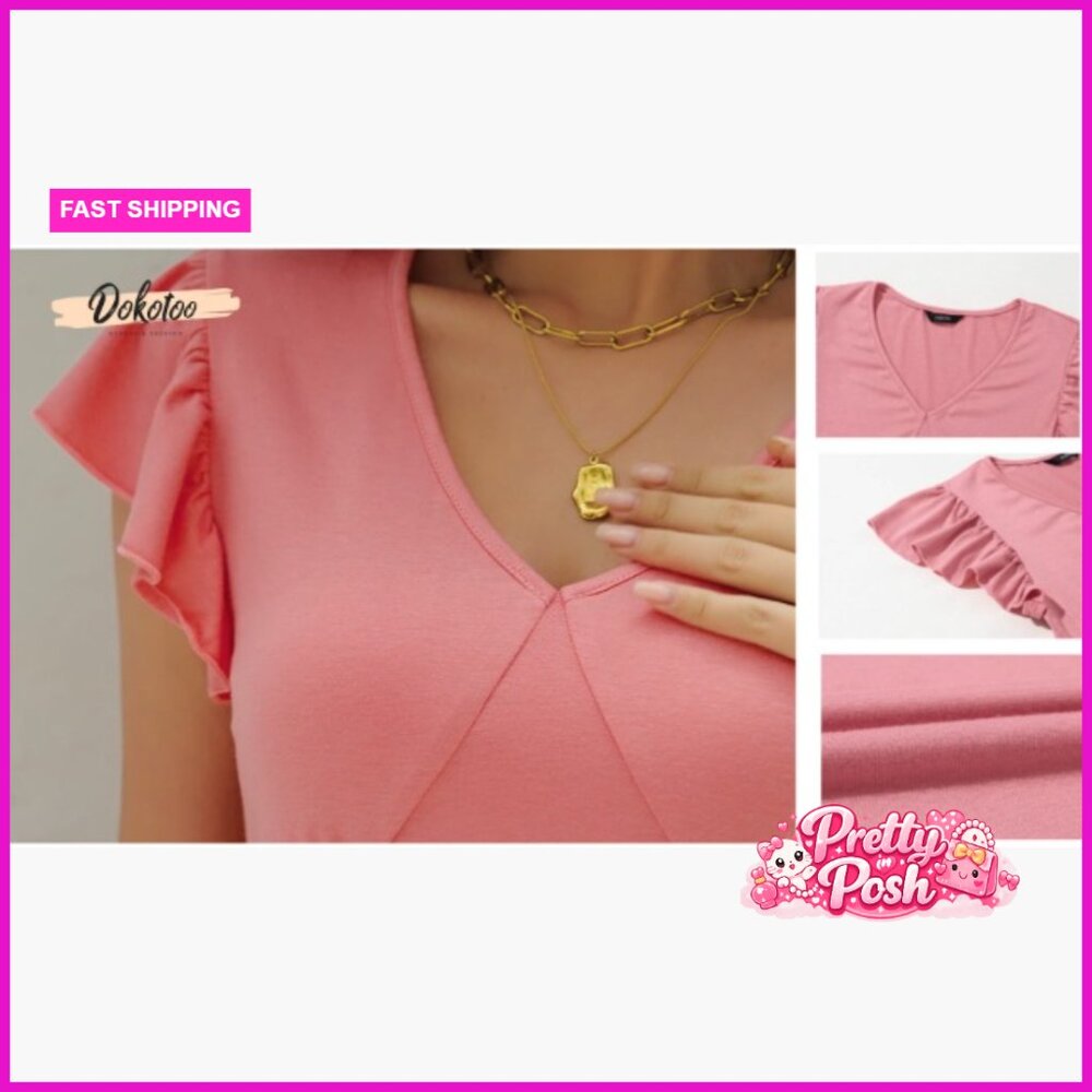 Polyester Elastane V-Neck Ruffle Sleeve Mini Sund… - image 6